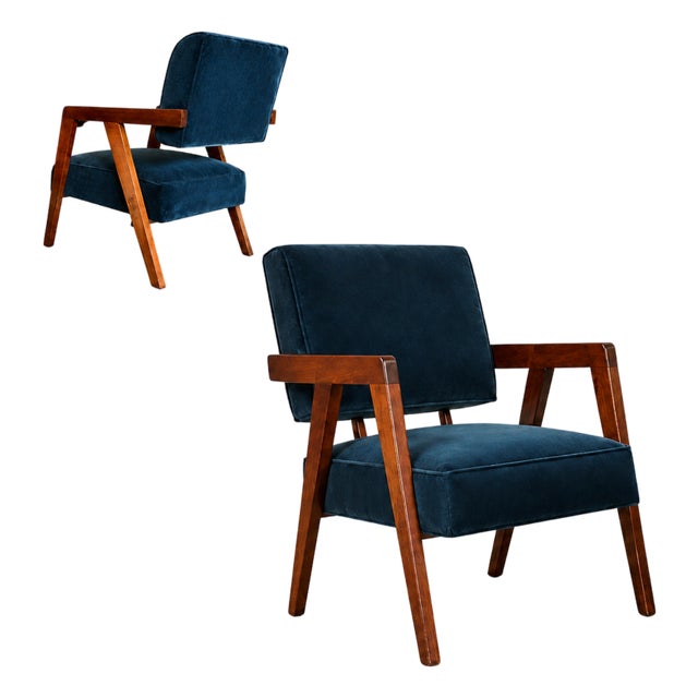 Brazilian Modern Armchairs in Imbuia Wood and Deep Petrol-Blue Mohair, Brazil, 1950s For Sale