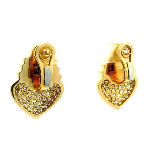 Gold Vintage Italian 18k Gold Diamond Pavé Heart Omega Back Earrings, A Pair For Sale - Image 8 of 16