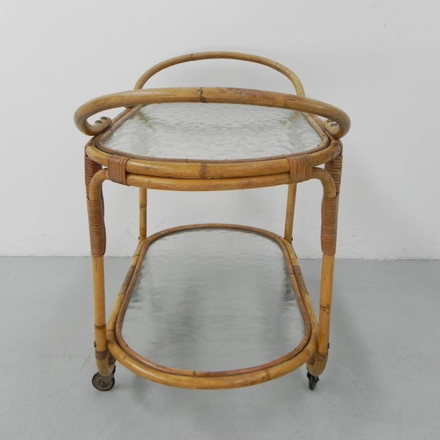 Bamboo Rattan Serving Trolley on Castors, 1950s For Sale - Image 4 of 18