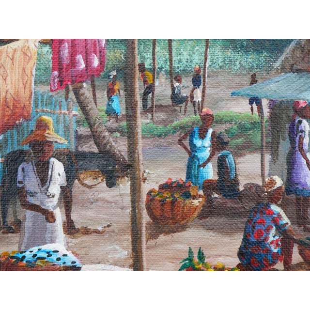 Late 20th Century Late 20th Century Modern Realist Green and Blue-Toned Rural Village Market Landscape Painting byJean-Felix Defournoy For Sale - Image 9 of 12
