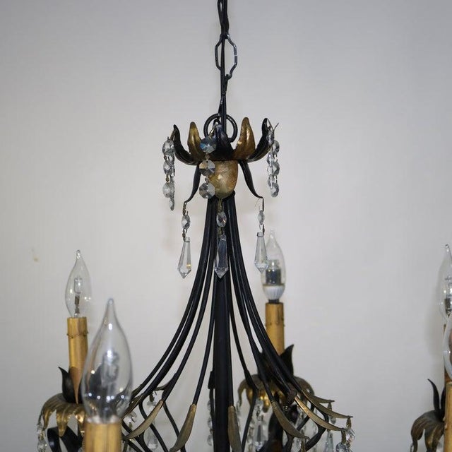 Vintage Ebonized & Gold Gilt Six-Light Foliate Form Crystal Chandelier C1940 For Sale - Image 4 of 7
