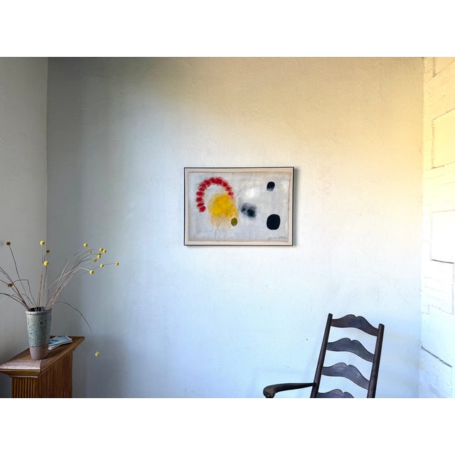 Maison lecan presents this large abstract painting on raw linen canvas with an exposed weave and fringed edges. Signed and...