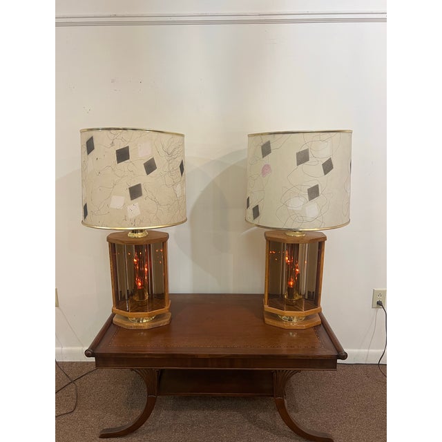 Mid-Century Modern 1960s Mid Century Modern Amber Glass Flickering Lamp Set of Two With Shades - a Pair For Sale - Image 3 of 10