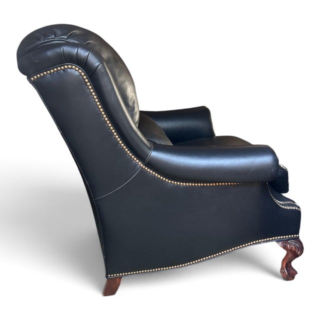 Contemporary Hancock & Moore Deep Navy Blue Leather Wingback Armchair With Ball and Claw Feet For Sale - Image 3 of 9