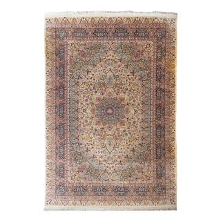Large Vintage Persian Floral Area Rug in Ivory and Navy, 1950s For Sale