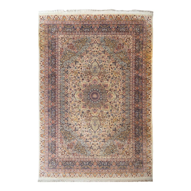 Large Vintage Persian Floral Area Rug in Ivory and Navy, 1950s For Sale
