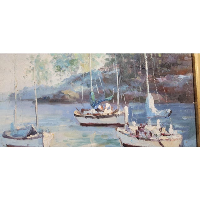 1970s Unknown Artist - Vibrant Ships in the Harbor Oil Painting Gold Frame For Sale - Image 4 of 12