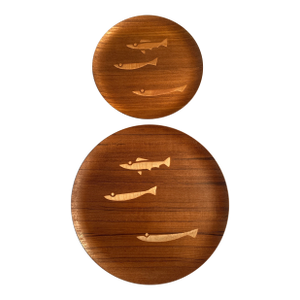 1960s Shigemichi Aomine Teak Trays With Fish Inlay- Set of 2