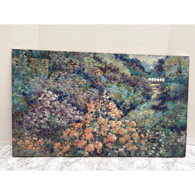 French Country Vintage Impressionistic Canvas Wall Art of a Lush French Garden For Sale - Image 3 of 8