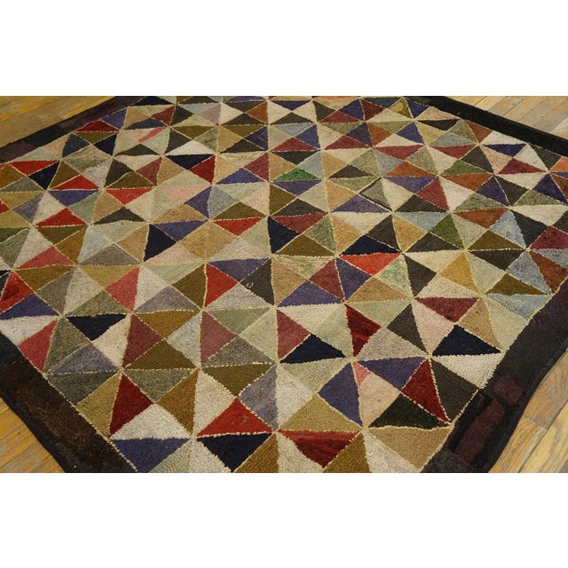American 1930s Multicolor Geometric Folk Art Antique American Hooked Rug 6' X 6' Woven Wool Carpet For Sale - Image 3 of 12