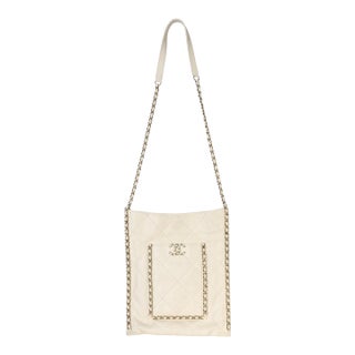 White Quilted Calfskin Small Chain Flat Tote For Sale