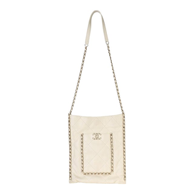 White Quilted Calfskin Small Chain Flat Tote For Sale