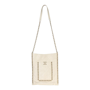 White Quilted Calfskin Small Chain Flat Tote