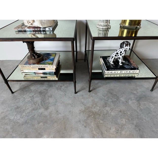 Hollywood Regency Two - Tier Bronze & Mirror Glass Top Side - Coffee Tables - A Pair/ Sold For Sale - Image 4 of 12