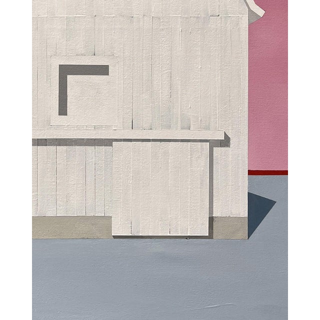 Contemporary Something Special by Justin Wheatley | Acrylic on Canvas White Barn With Pink Sky For Sale - Image 3 of 8