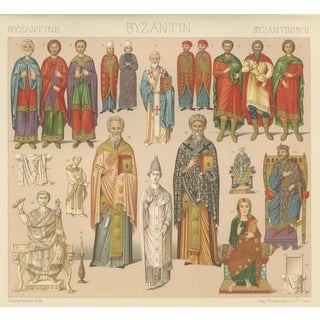 Racinet, Byzantine Costume Study: Imperial & Clerical Dress, 1888, Chromolithograph For Sale