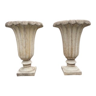 Pair of Neoclassical Fluted Cast Stone Garden Urns For Sale