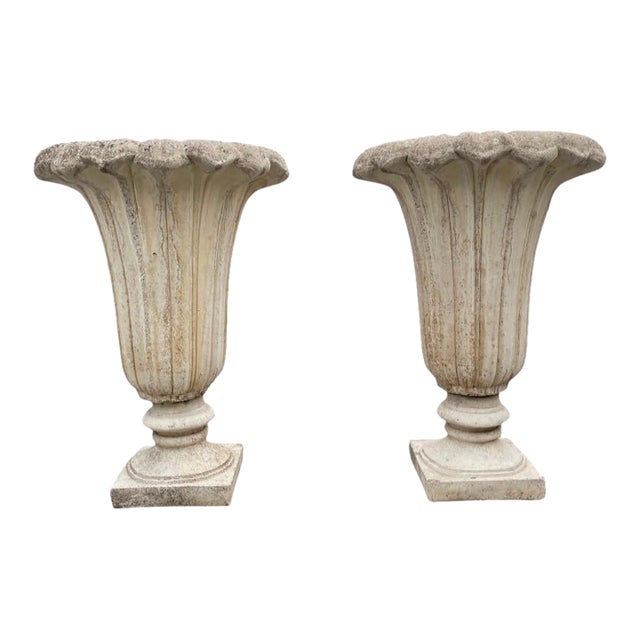Pair of Neoclassical Fluted Cast Stone Garden Urns For Sale
