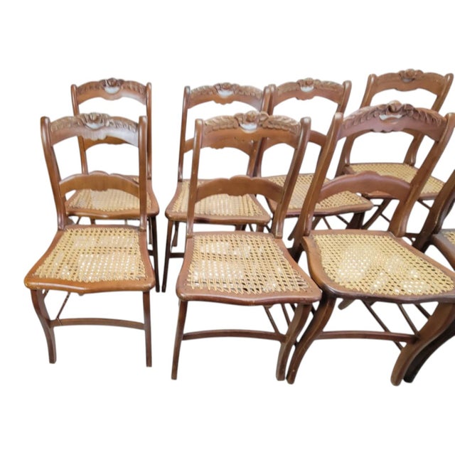 Brown Set of 8 Antique 19th C Victorian Maple Dining Chairs Hand Carved Cane Seats For Sale - Image 8 of 18