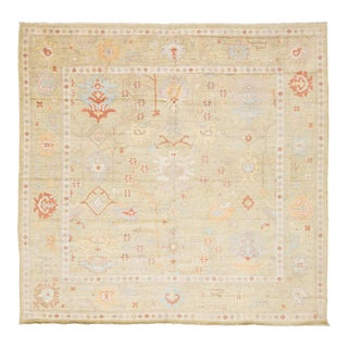 Serene Sage & Coral Modern Oushak Style Handmade Wool Rug 10x10 For Sale