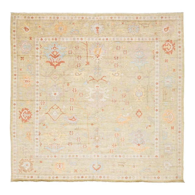 Serene Sage & Coral Modern Oushak Style Handmade Wool Rug 10x10 For Sale
