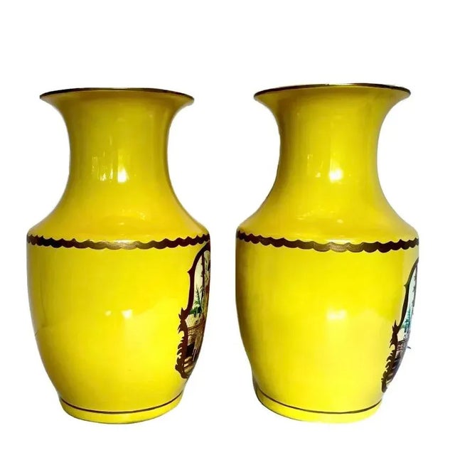 Maitland - Smith Pair of Vintage Maitland-Smith Hand Painted Lemon Yellow Asian Portrait Vases For Sale - Image 4 of 11