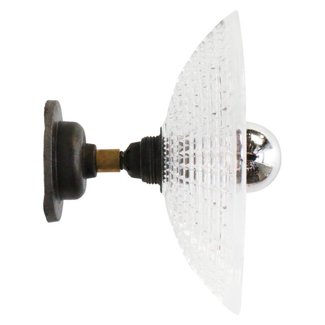 Metal Holophane Glass, Cast Iron, and Brass Wall Lamp For Sale - Image 7 of 7