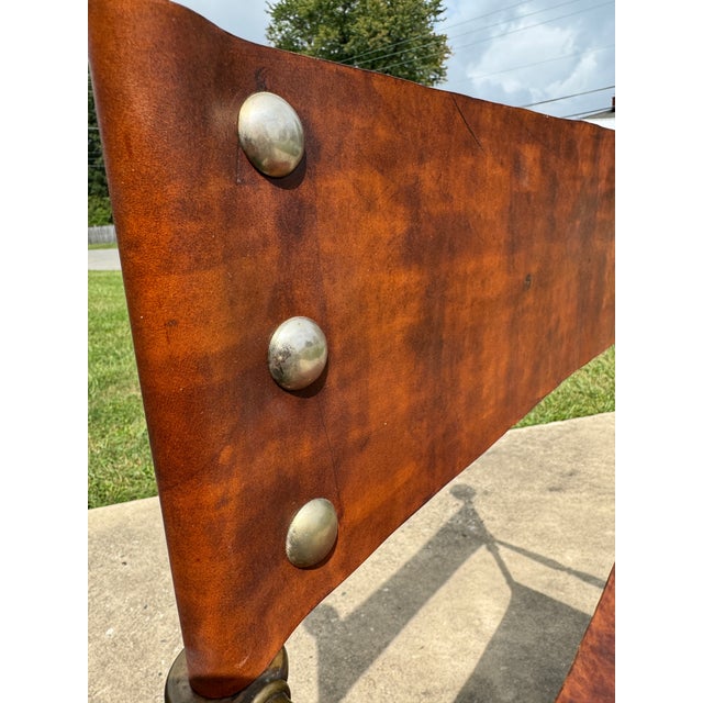 Vintage Italian Wrought Iron, Brass & Leather Curule Chair For Sale - Image 10 of 11