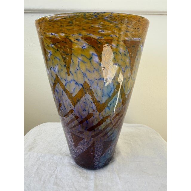 Modern Glass Vase with completed in an impressive scale. A vibrant blue interior is set into a neutral exterior with...