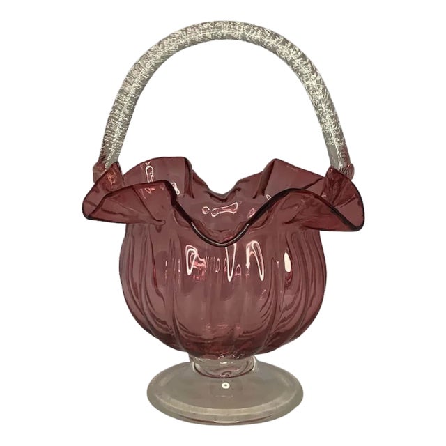 19th Century Victorian Cranberry Glass Basket: Ruffled Edge, Clear Handle, 13" Tall For Sale