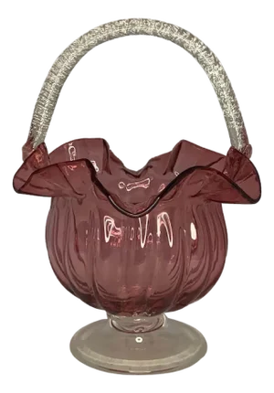 19th Century Victorian Cranberry Glass Basket: Ruffled Edge, Clear Handle, 13" Tall