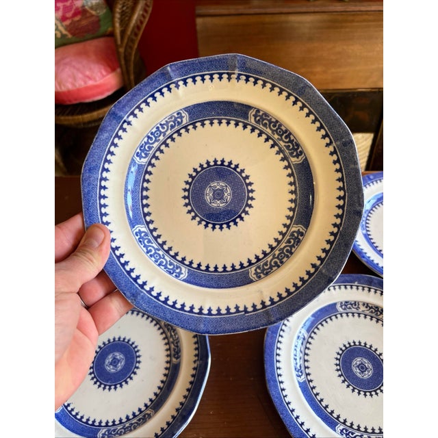11 Antique Blue Transfer Decorated 8 1/4" Plates, "Dagger Border" by J. Wedgwood For Sale - Image 4 of 12
