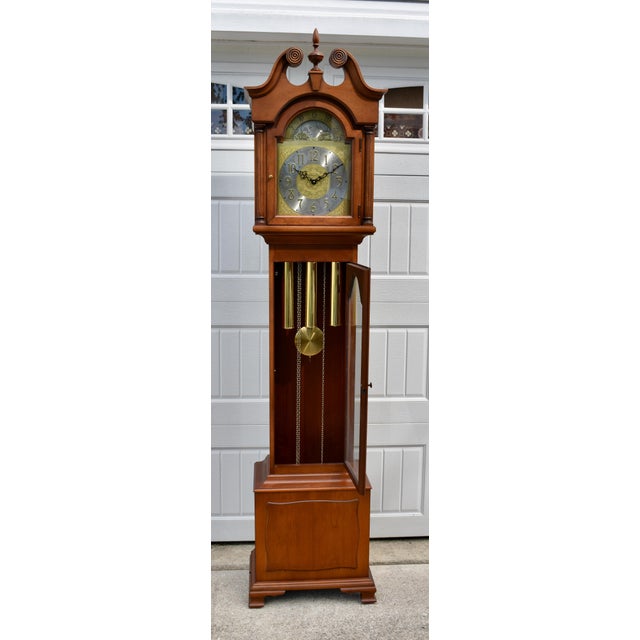Colonial Cherry Grandfather Clock Vintage Moon Dial Triple Weights Chime For Sale - Image 12 of 18