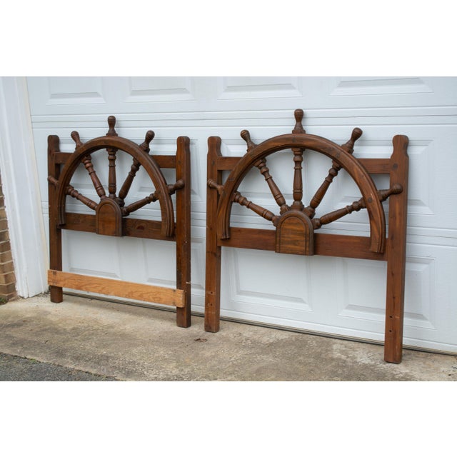 Vintage Nautical Ship Wheel Helm Twin Mahogany Headboards a Pair