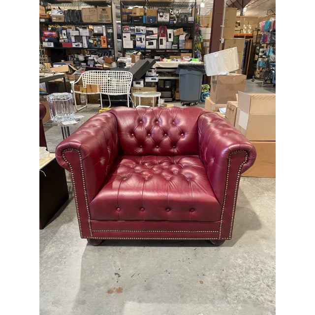 Pair of Custom Burgundy Leather Tufted Chesterfield Club Chairs For Sale - Image 4 of 12