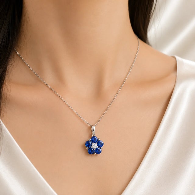 Contemporary Late 20th Century 14K White Gold Diamond Sapphire Flower Slide Pendant Necklace For Sale - Image 3 of 3