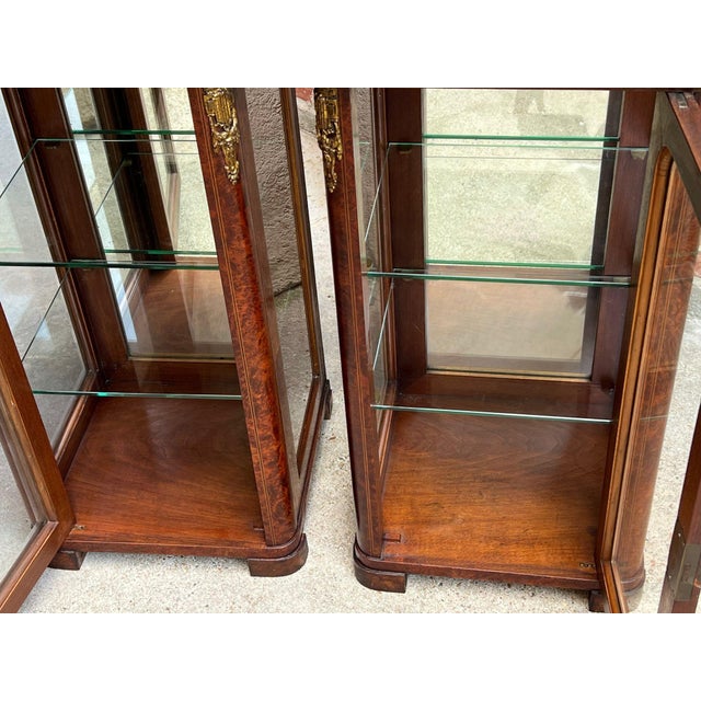 Pair Antique French Glass Vitrine Display Cabinets Burl Mahogany Mirror C1900 For Sale - Image 16 of 18