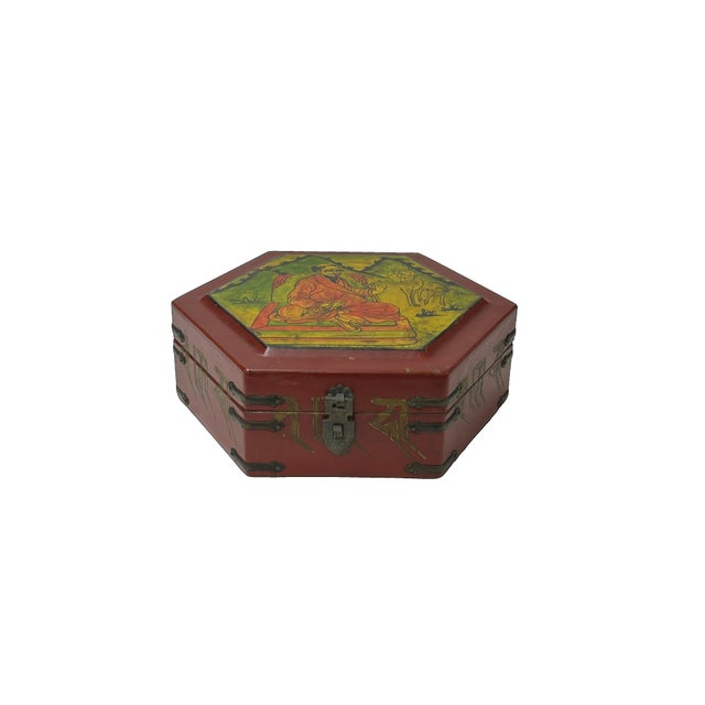 Asian Oriental Hexagonal Red Color Lohans Monks Drawing Accent Box For Sale - Image 3 of 7