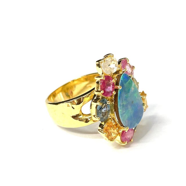 Bochic “Orient” Ruby, Blue Opal & Multi Sapphire Ring Set in 18k Gold & Silver Size 7 For Sale - Image 4 of 5