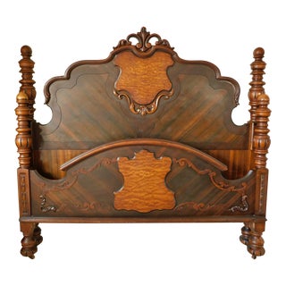 Antique Forest Furniture Co. Carved & Inlaid Wood Full Size Bed - Headboard Footboard & Rails For Sale