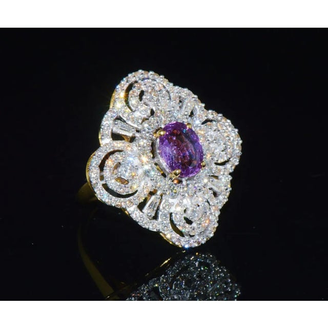 GIA certified natural 5.31CTS diamond and purplish pink sapphire 18K solid gold ring. This ring features a huge 2.75CT...