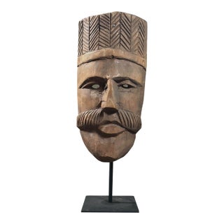 Vintage Hand Carved Mexican Folk Art Mask of a Man With Mustache For Sale