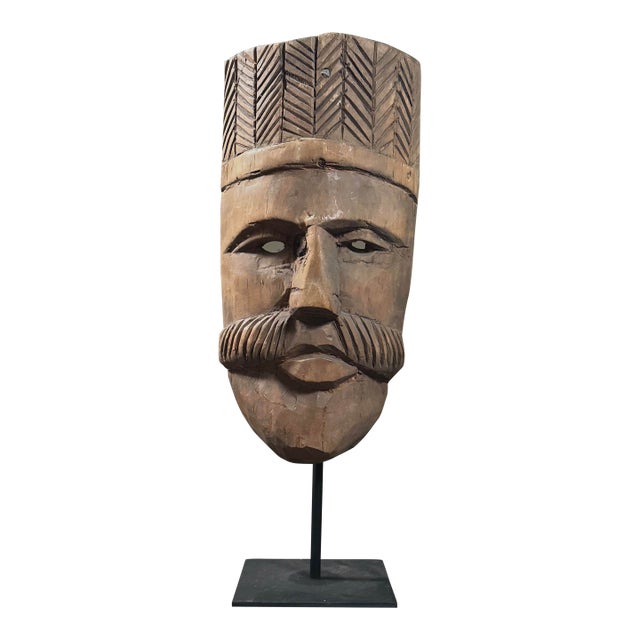 Vintage Hand Carved Mexican Folk Art Mask of a Man With Mustache For Sale