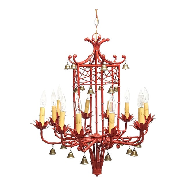 Immense Vintage Italian Tole Faux Bamboo Pagoda Lattice Brass Bell Chandelier ~ Rewired ~ Restored ~ Rejuvenated ~ Ready to Hang ~ For Sale