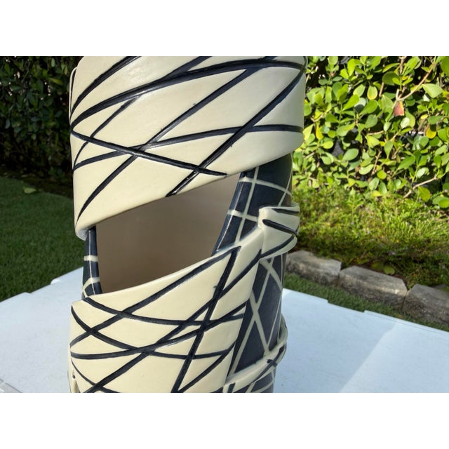 Contemporary Sculptural Black & White Studio Pottery Ribbon Vessel For Sale - Image 11 of 12