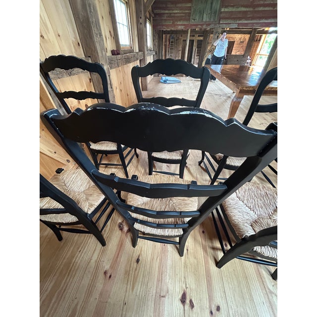 Black Country Style Ebonized Wood Ladderback Dining Chairs With Rush Seats -Set of 10 For Sale - Image 8 of 17