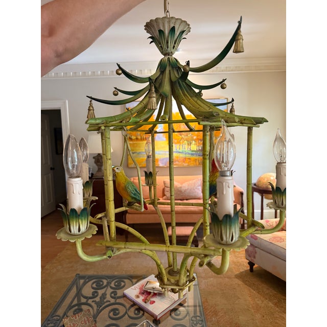 Asian Antique Mid-20th Century Coastal Chinoiserie Regency Pagoda Tole Faux Bamboo Chandelier For Sale - Image 3 of 10