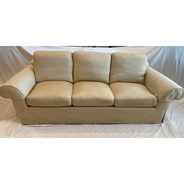 Traditional A. Rudin Upholstered Silk Roll Arm Sofa Loose Back &Seat Cushions With Dressmakers Skirt Four Decorative Pillows For Sale - Image 3 of 12