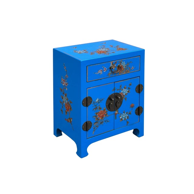 1990s Chinese Bright Blue Vinyl Moon Face Flower Birds End Table Nightstand For Sale - Image 5 of 11