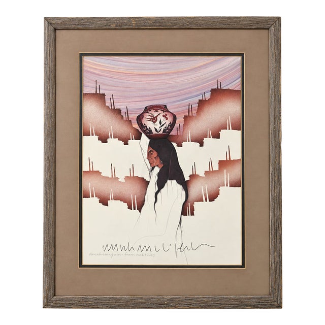 Signed Amado Maurilio Peña Southwestern Figural Print, Framed 29" For Sale